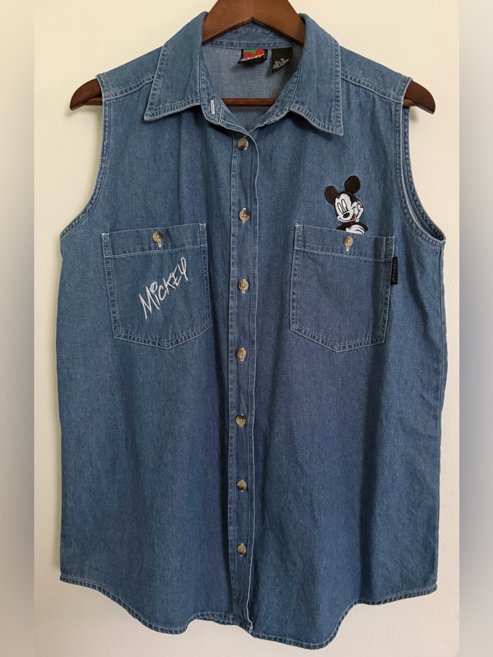 Mickey Unlimited Disney Denim Sleeveless Button-Down Cotton Embroidered Shirt - Picture 2 of 11